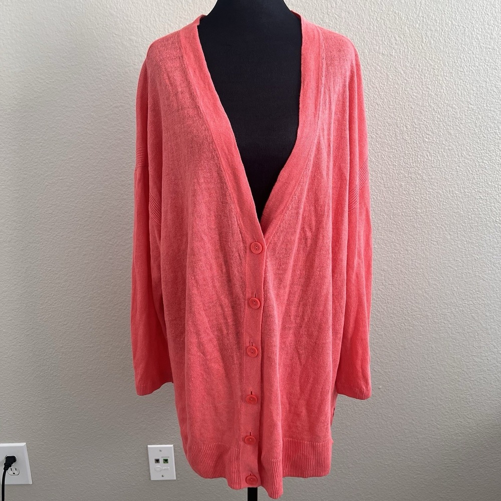 Women's 100% Linen 2X Cardigan Coral Lightweight Summer Beach Layer Talbots